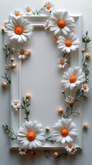 Fototapeta premium A white square photo frame with daisies on the sides, on a light background, in a flat lay, minimalist style, simple design, high-resolution photography, high quality.