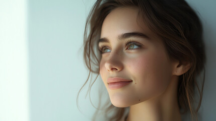 Naklejka premium young woman with light brown hair and light-colored eyes, looking off to her right
