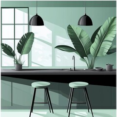 A serene modern kitchen featuring green tones and elegant decor with two minimalist chairs and lush plants.