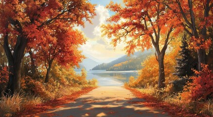 Autumnal Pathway Leads to Serene Lake Landscape