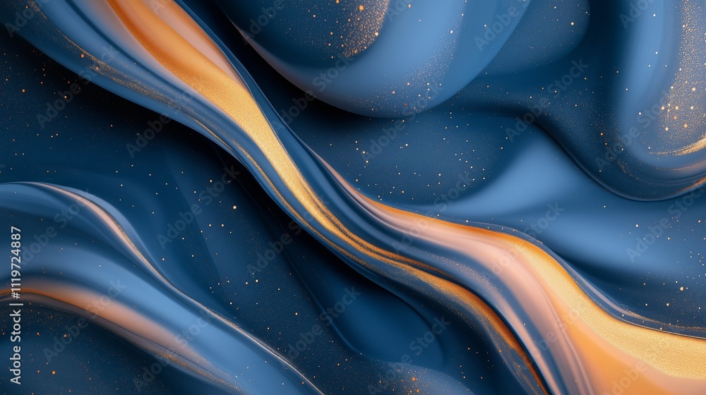 Poster wave-like patterns in deep blue and gold create a mesmerizing visual experience in a digital design