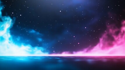 Obraz premium Neon blue and pink smoke clouds reflect on dark water surface, starry night background.