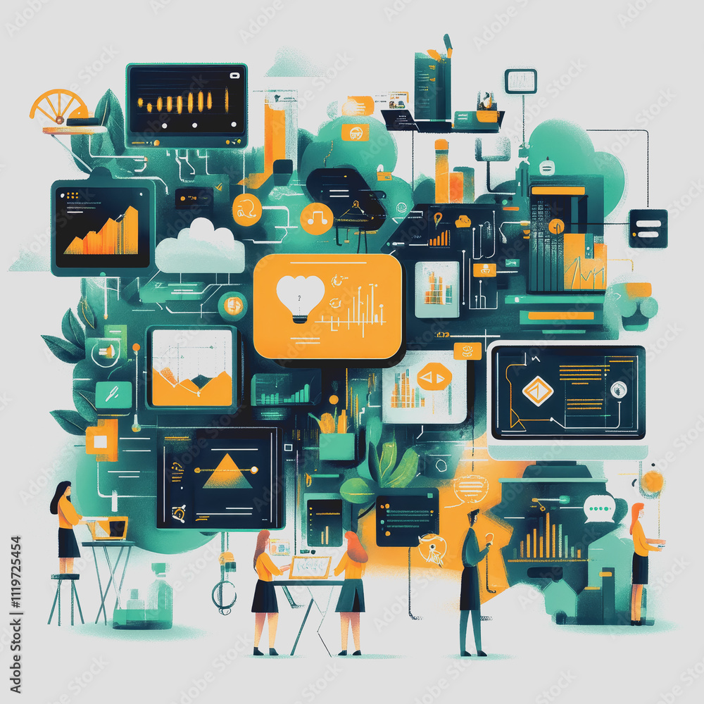 Poster vibrant collection of digital elements and data analytics icons representing business growth and tec