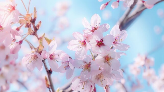 A close-up of a blooming cherry blossom tree in spring, with delicate pink flowers against a clear blue sky