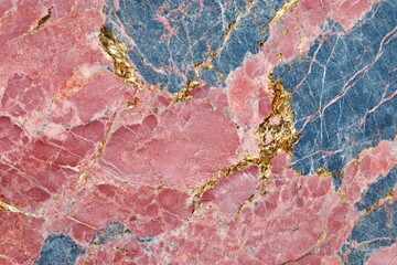 Vibrant close-up of pink and blue marble stone with golden veins, showcasing intricate textures and...