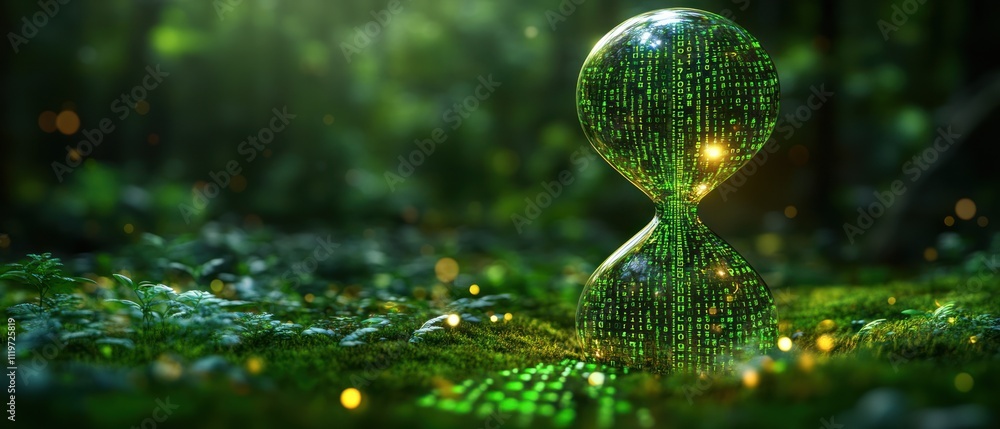 Poster glowing hourglass with a digital matrix effect set in a lush forest.