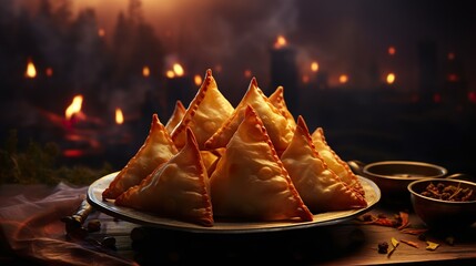 Vegetarian samsa or samosas.Indian special traditional street food punjabi  HD 8K wallpaper Stock Photographic Image