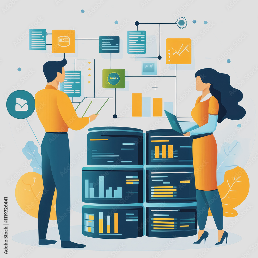 Poster professional office scene showcasing data analysis with two business people interacting with data ch
