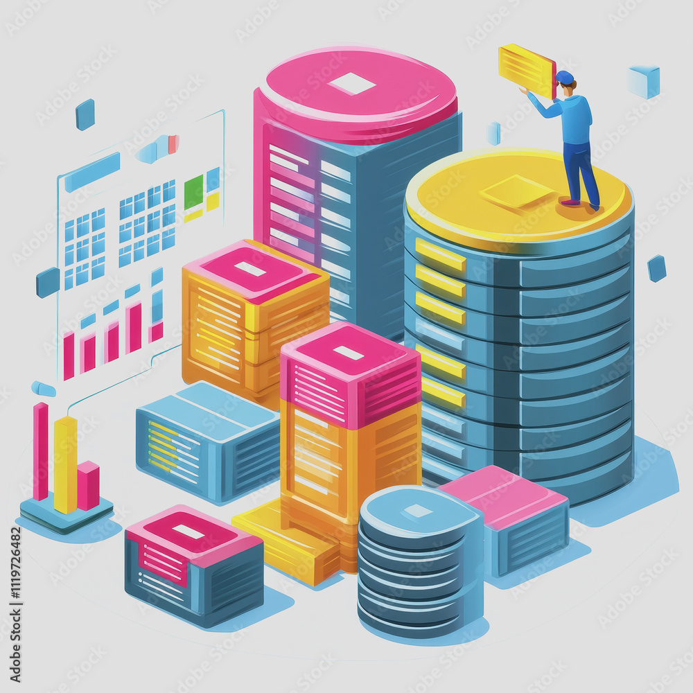 Poster modern data management concept with colorful database towers, analytics charts, and a person working