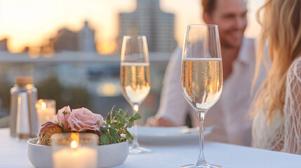 Romantic rooftop dining experience under stars with champagne and flowers