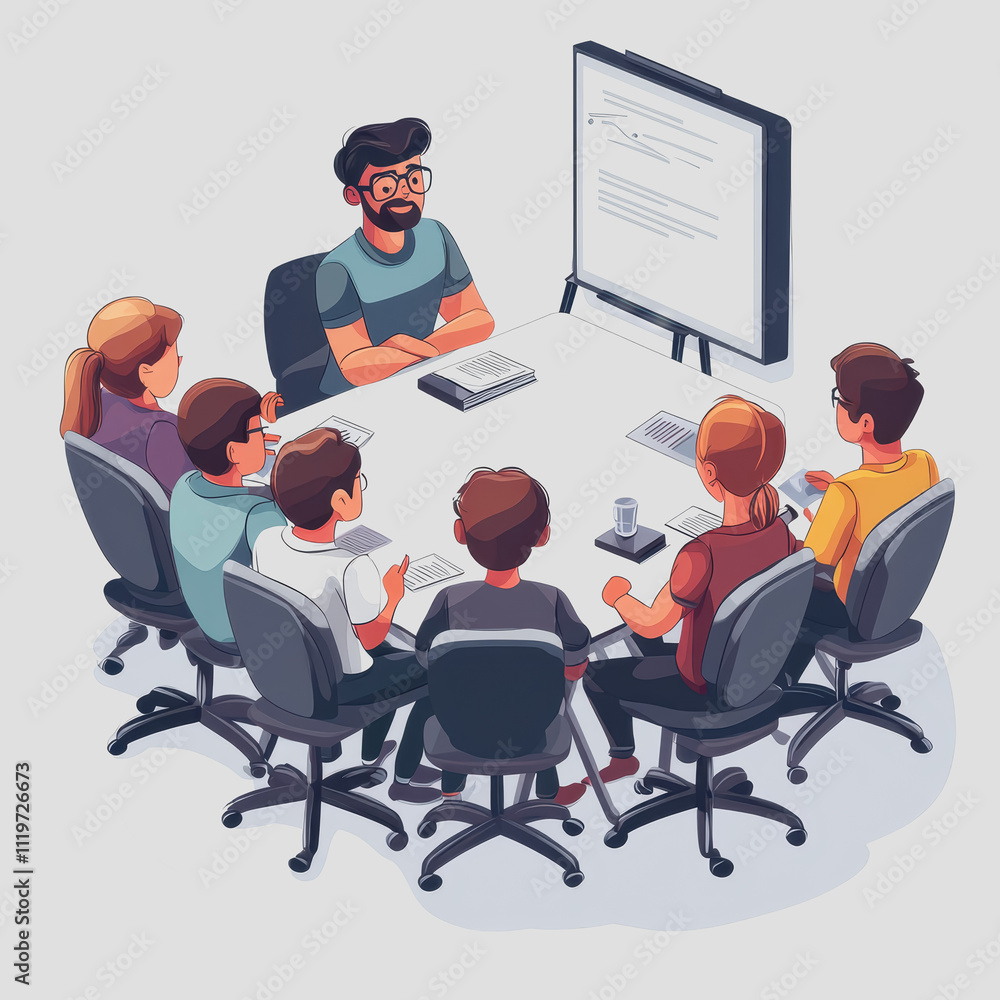 Poster group collaboration in meeting with diverse participants and engaging speaker at conference table re