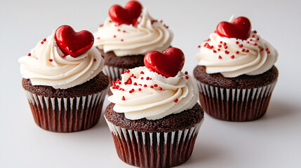 Delicious small red velvet cupcakes topped with cream and heart decorations, perfect for Valentine Day celebrations