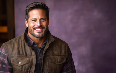 Obraz premium A man with a smile on his face is wearing a pink shirt