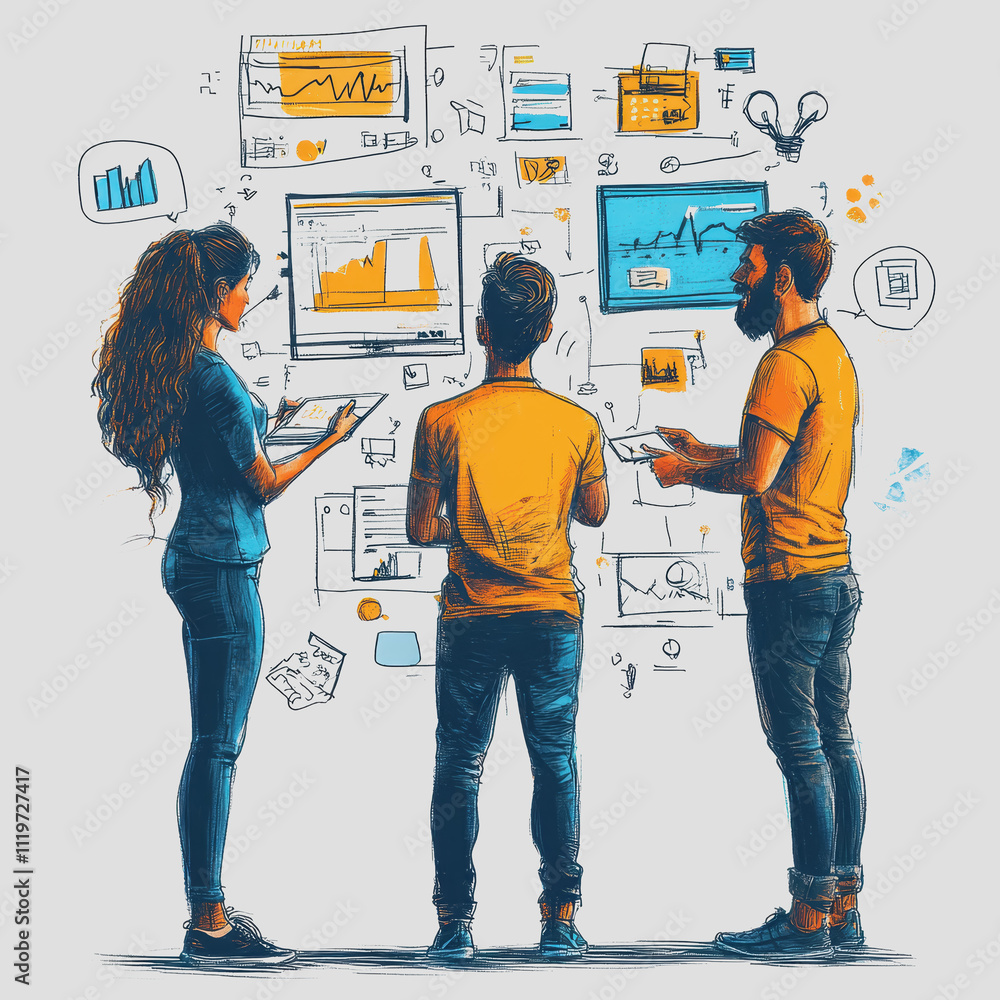 Poster group of professionals collaborating on data analysis with charts and graphs in modern office space,