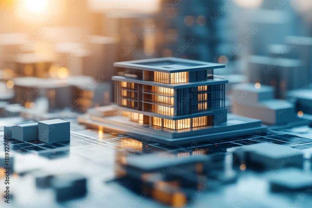 Poster modern architectural model with illuminated windows surrounded by abstract cityscape, representing u