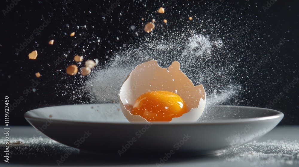 Poster an egg shell cracking on a plate, releasing a bright yolk surrounded by a spray of egg white, creati