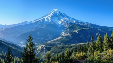 A dramatic view of a snow-capped mountain peak against a clear blue sky, with a valley below covered in pine trees