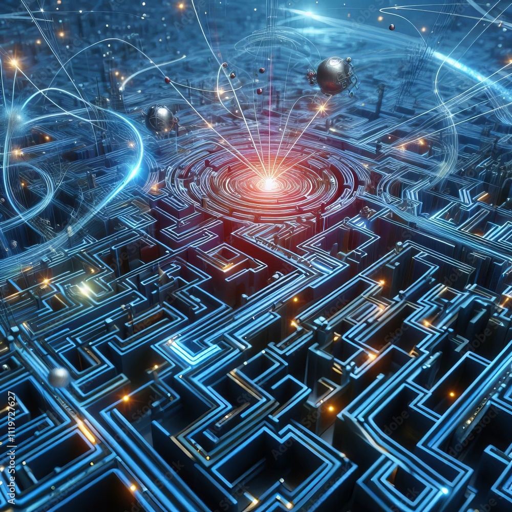 Poster photon maze a photon navigating a complex path