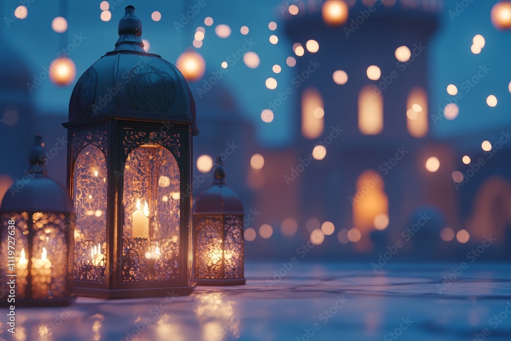 Poster enchanting scene of illuminated lanterns glowing softly in a serene atmosphere, creating a magical n