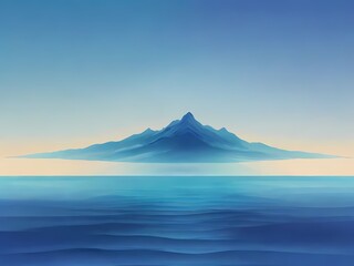 Fototapeta premium abstract landscape painting featuring a majestic blue mountain against calming waters, enhanced by a soft sunset glow
