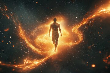 Fototapeta premium A figure stands in the center of an abstract cosmic background, radiating light and energy around the person