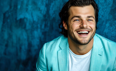 Obraz premium A man with a smile on his face is wearing a pink shirt