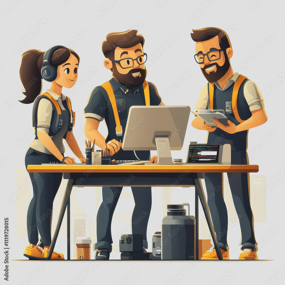 Poster team of three creative professionals collaborating in modern workspace with digital devices and stat
