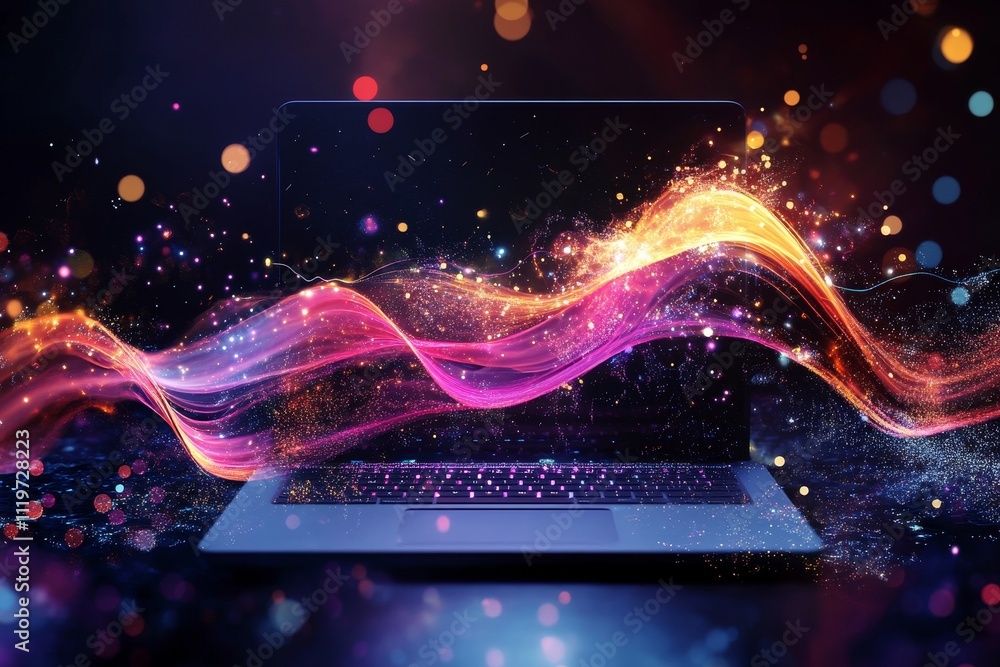 Poster abstract digital artwork of a glowing laptop with vibrant wave patterns and colorful bokeh lights il