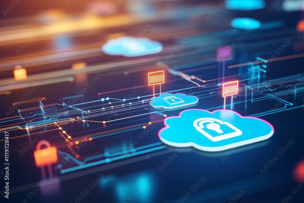 Aufkleber futuristic digital cloud computing and cybersecurity visualization with colorful icons representing 