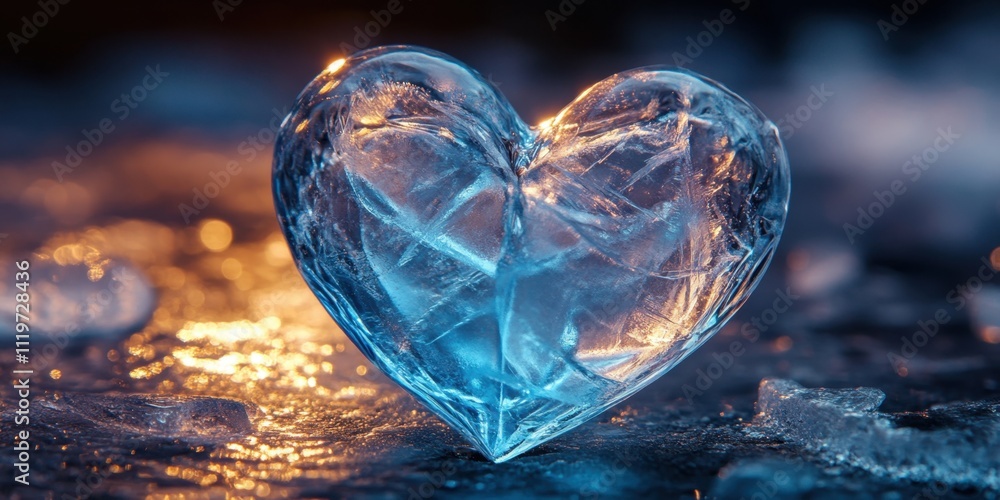 Poster heart-shaped ice glimmers under soft light, creating an enchanting atmosphere in a serene setting