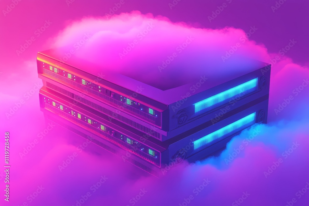 Poster futuristic server with neon lights surrounded by colorful clouds in a dreamlike environment, symboli