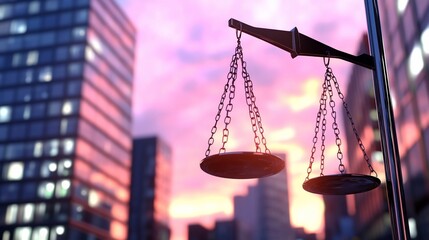 Scales of justice at sunset against city skyline.
