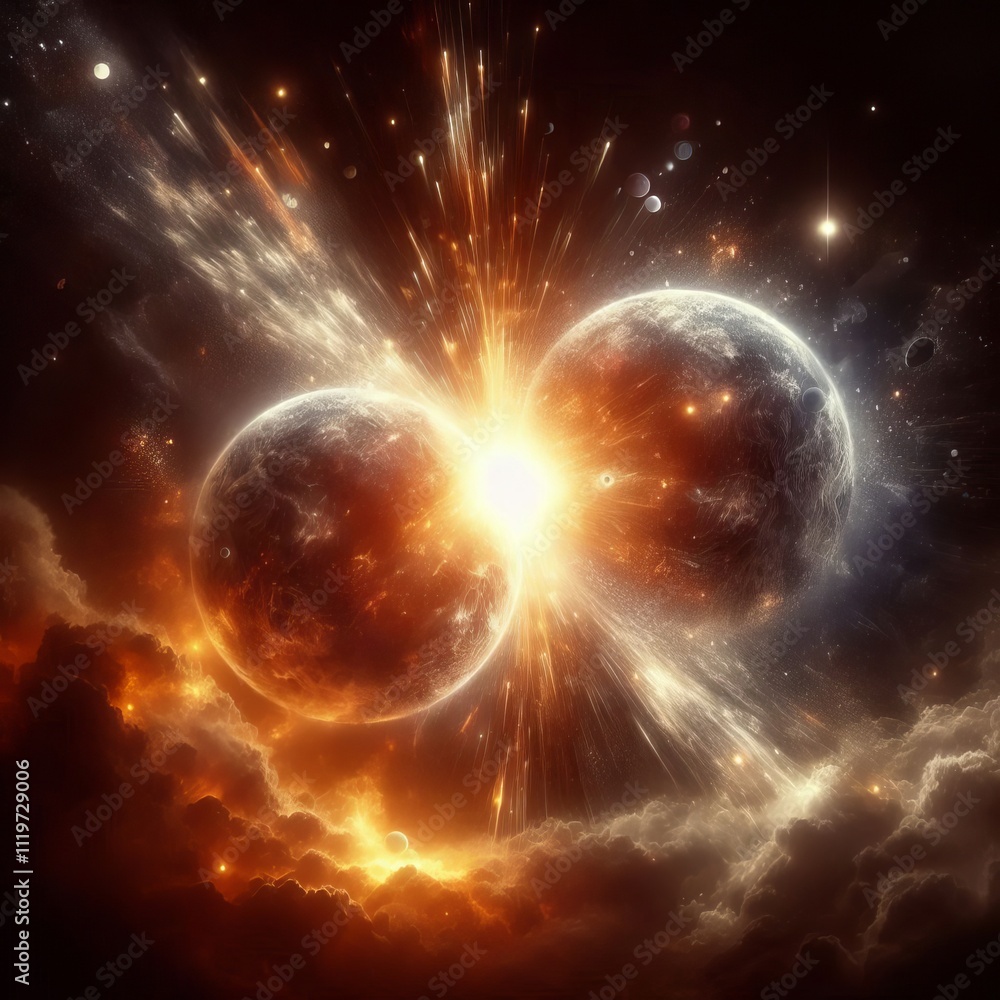 Poster planetary collision two planets colliding creating a spectacular