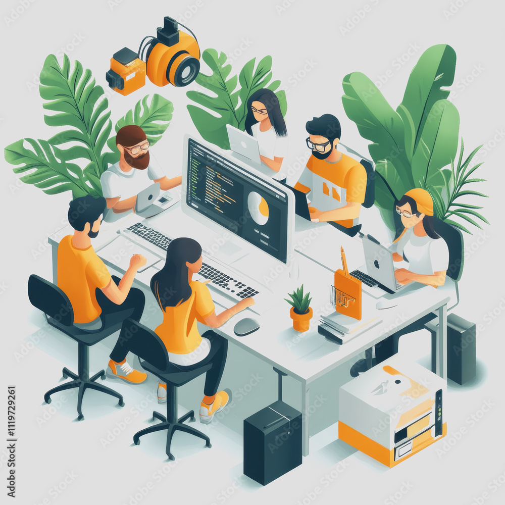 Poster collaborative team working on digital project with laptops in modern office setting surrounded by gr