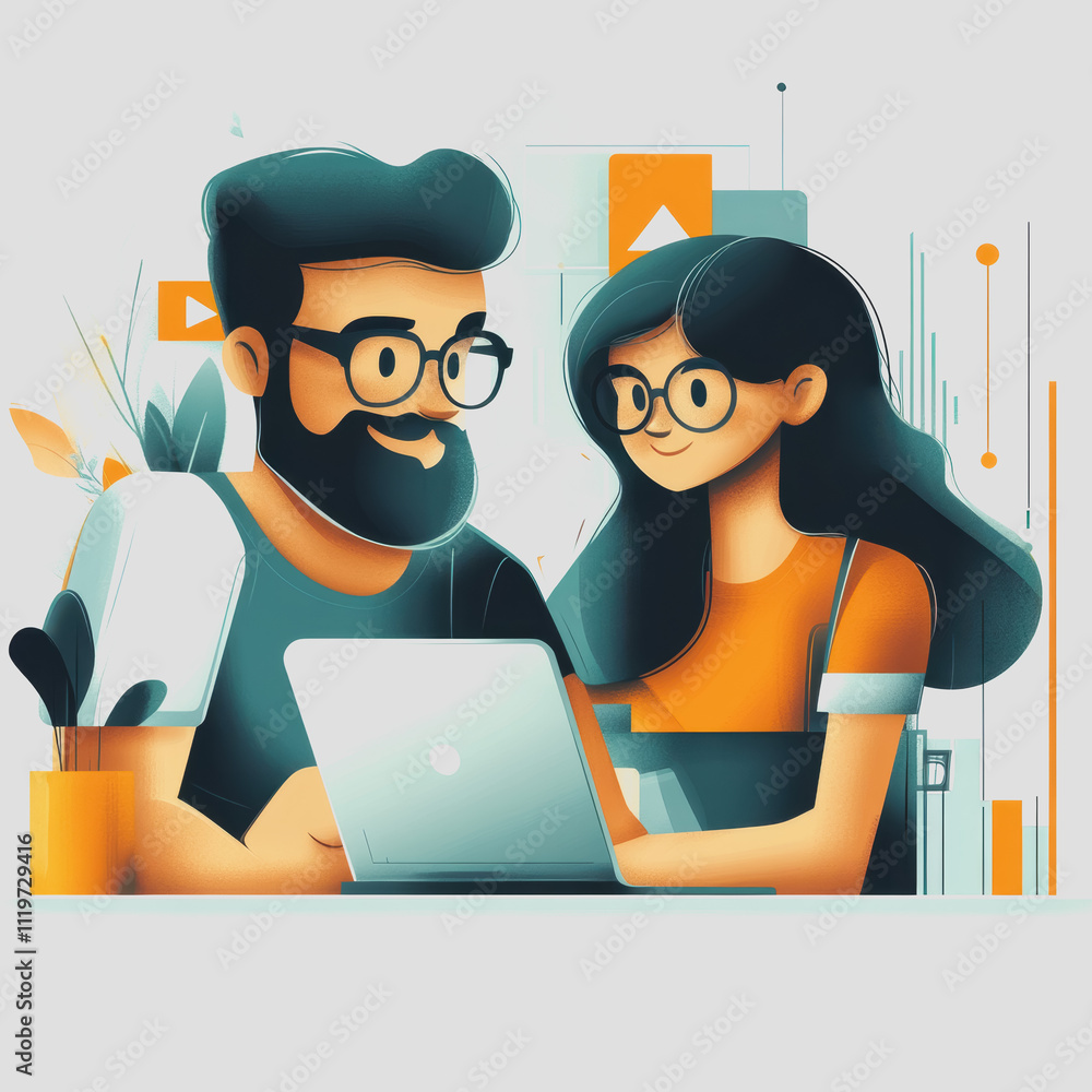 Poster two creative professionals collaborating on a laptop in a vibrant workspace with colorful graphics a