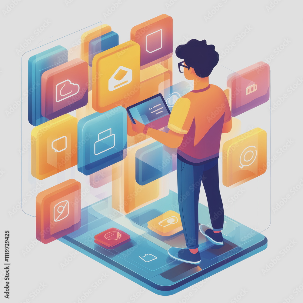Poster young man interacting with digital icons and smartphone in a virtual environment, exploring technolo