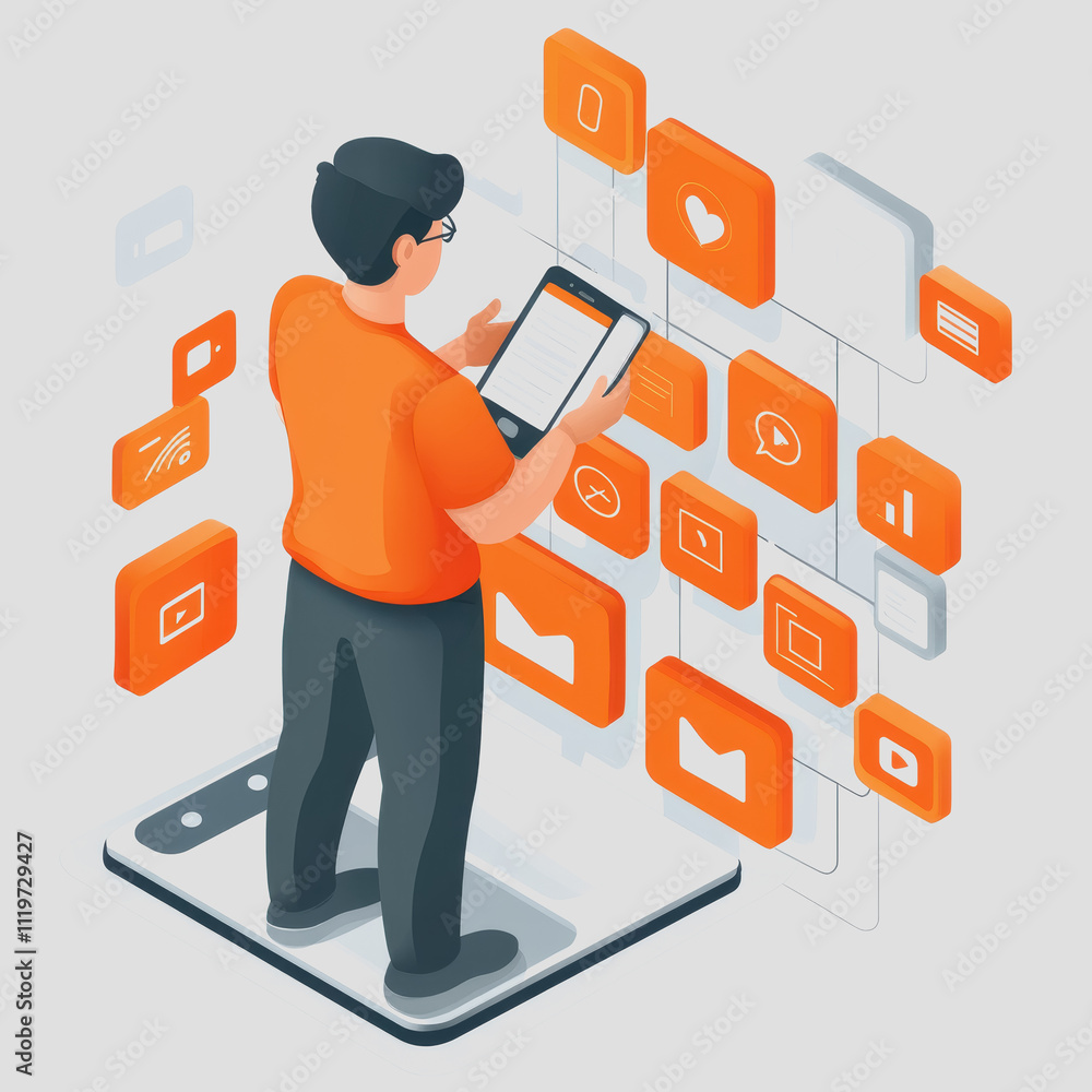Poster person using smartphone surrounded by colorful application icons in a modern digital environment hig