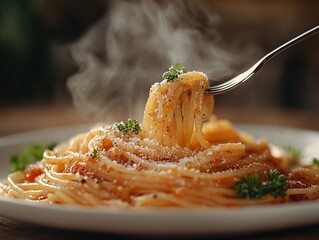 A steaming plate of pasta topped with cheese and herbs, elegantly twirled around a fork, showcasing a delicious Italian dish.
