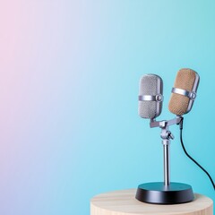 Two vintage microphones on stand against pastel background.