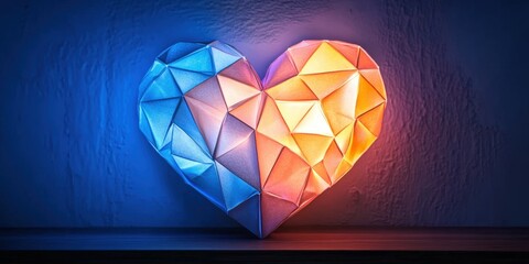 Illuminated origami heart glows softly in shades of blue and orange against a textured wall, creating a warm and inviting atmosphere