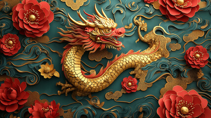 Festive dragon zodiac art for chinese new year with gold lanterns flowers and asian design elements