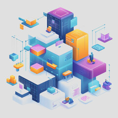 Modern Digital Architecture with Colorful 3D Cubes and Abstract Data Visualization Elements in a Futuristic Setting