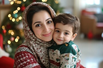 Obraz premium Arabic Mother and Son Celebrate Christmas TogetherFictional Character Created By Generative AI. 