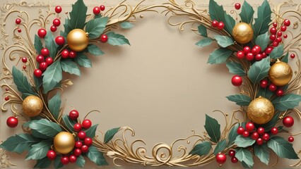 A beautiful and elegant wreath made of golden leaves and red berries, perfect for Christmas and winter-themed designs.