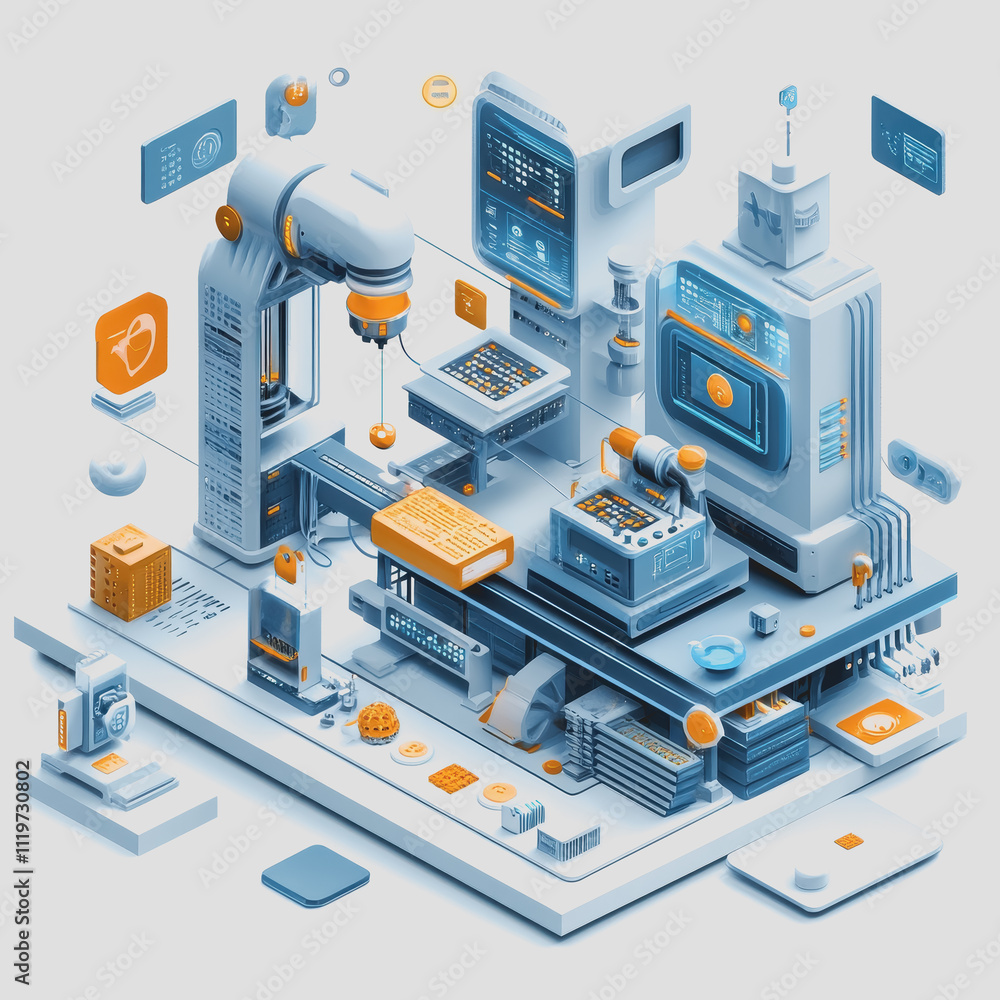 Poster illustration of a futuristic automated manufacturing facility showcasing smart technology, robotics,