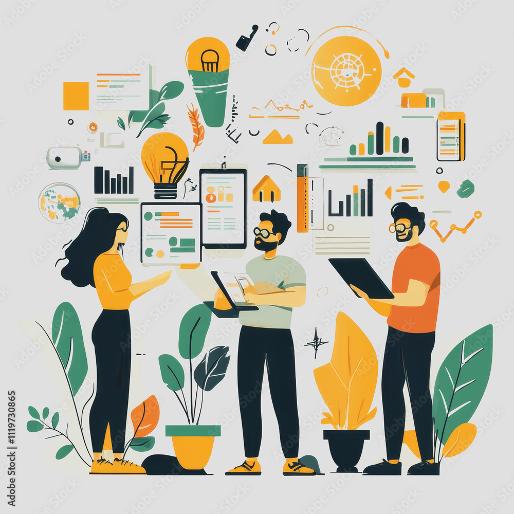 Poster team collaboration on business analytics and data visualization with digital tools and infographics 