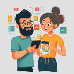 Engaging Digital Connection Between Two Friends Sharing Ideas with Tablets in Modern Vector Illustration