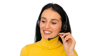 Call center operator assisting customers with a headset