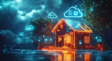 A digital illustration of a smart home powered by AI showcasing futuristic technology and cloud computing capabilities enhanced with blue neon lights. 