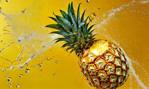 A pineapple splashes water against a vibrant yellow background, showcasing freshness and vitality.